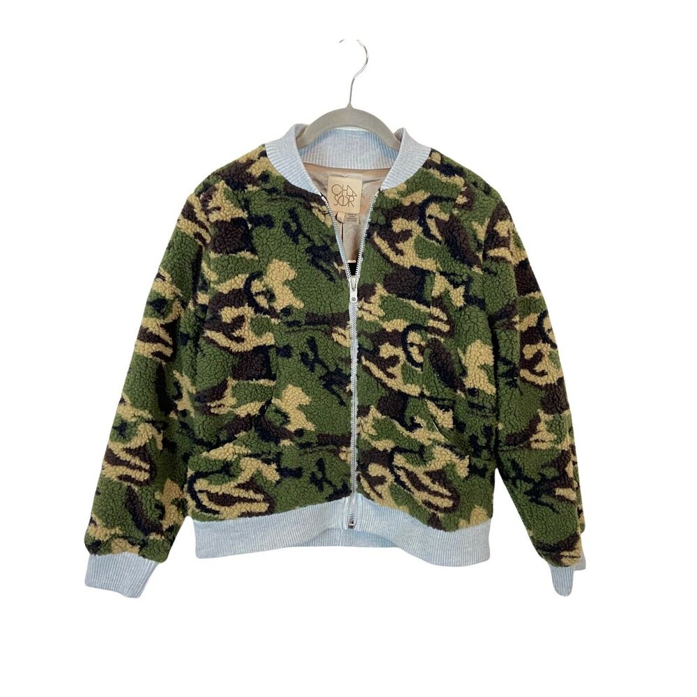 Chaser Baseball Jacket Womens Camo Fully Lined Faux Sherpa Teddy Bear Size Small